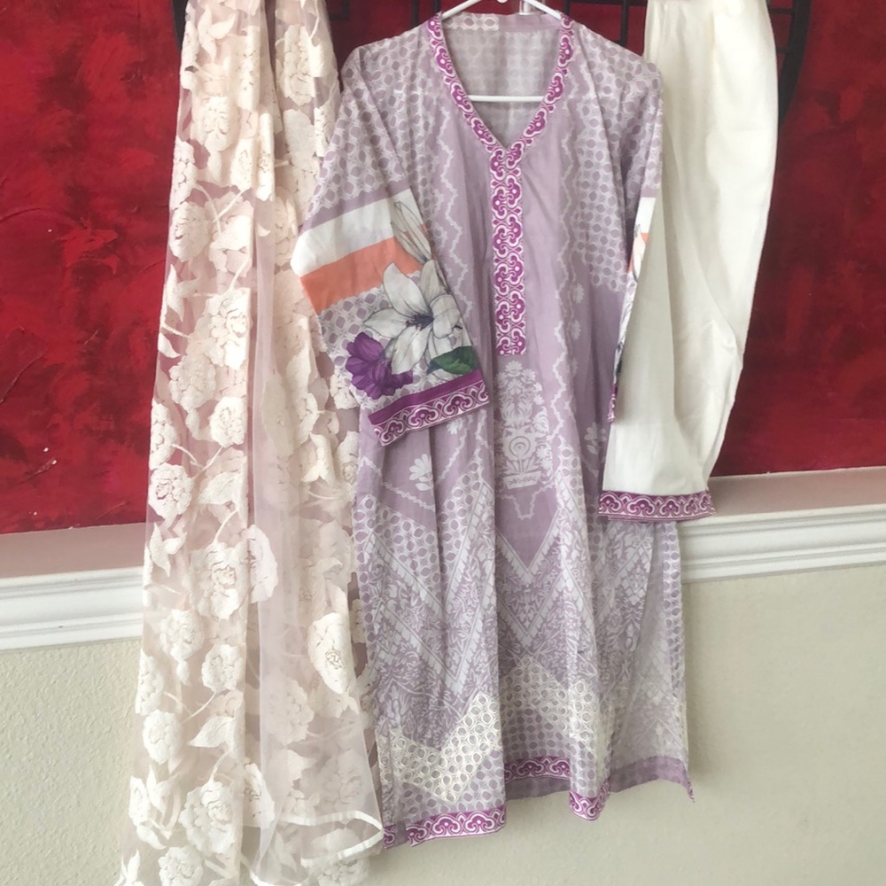 Lawn shalwar kameez net Duppatta embroidery on
